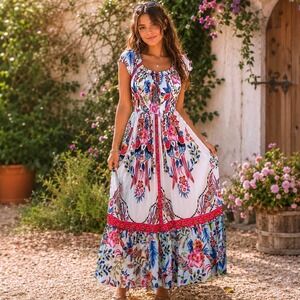 NWT Me 2 Magic Anthropologie Small Maxi Dress Boho Chic Floral Coastal Cottage S